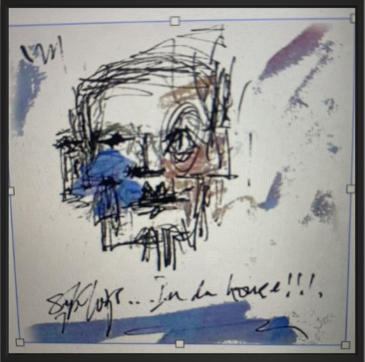 Syklops — an abstract sketch self-portrait by Femi Azeez centred on a single eye, signed 'Syklops... In da house!!!'